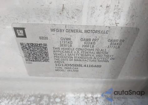 2020 Chevrolet Sonic Fwd Lt from USA, damaged, VIN 1G1JD5SB8L4116489